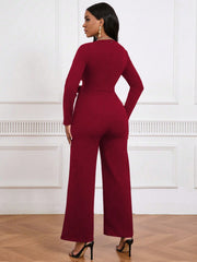 Simple And Stylish, Elegant Commuting Jumpsuit, Long Sleeve Straight Jumpsuit, V-neck, Cross Pleated, Tie-up Casual Jumpsuit, For Everyday Wear.