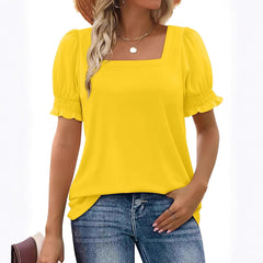 Spring And Summer New Fashion Simple U-neck Petal Sleeve Loose T-shirt