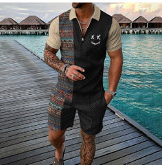 Men's Summer Fashion 3D Printed Short Sleeve Geometric Zip Lapel Shirt Set