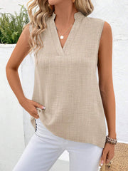 Solid Notched V-Neck Sleeveless Button Back Shirt