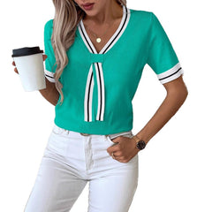 Women's Contrast Color V-neck Short Top Sweater