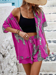 Random Print Drop Shoulder Shirt And Shorts Set With Slanted Pockets