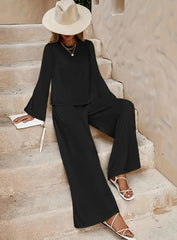 Spring And Autumn Solid Color Simple Round Neck Long Sleeve Side Pocket High Waist Wide Leg Trousers Set