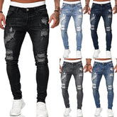Fashion Street Style Ripped Skinny Jeans Men Vintage Wash Solid Denim Trouser Mens Casual Slim Fit Pencil Denim Pants