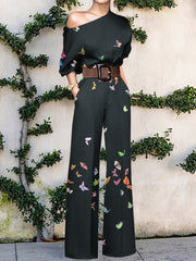 European American Fashion Floral Print One-shoulder High Waist Jumpsuit For Women