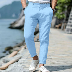 Men's Linen Summer Button Front Slant Pocket Straight-leg Trousers
