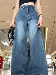 American Retro Wide-leg Jeans For Women Autumn High Waist Loose Slim Elastic Flared Mopping Pants