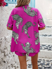 Random Print Drop Shoulder Shirt And Shorts Set With Slanted Pockets