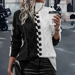 Fashion Color Contrast Black And White Splicing Knitwear Top