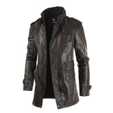 Men's Medium Long Leather Coat Korean Stand Collar Slim Large Leather Windbreaker Coat