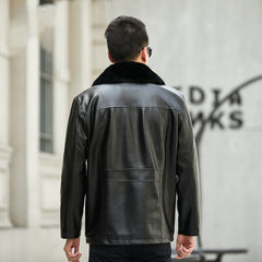 Middle-Aged And Elderly Men's PU Leather Buttoned Large Fur Colla