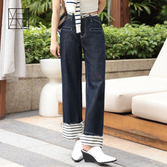 Striped Wide-leg Jeans For Women, Cuffed, High-end Design, Loose High-waist Straight