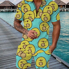 Men's Sportswear Duck Panda 3D Printing Short Sleeve Zipper Two-piece Set