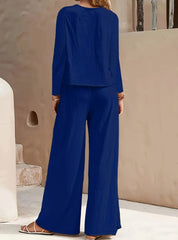 Spring And Autumn Solid Color Simple Round Neck Long Sleeve Side Pocket High Waist Wide Leg Trousers Set