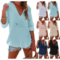 V-neck Hooded Shirt With Pockets Fashion Sports Long-sleeved Split Shirts Tops For Women Clothing
