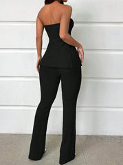 Summer Ladies' Solid Color Vacation Style Tube Top High-Slit And Flare Pants Two-Piece Set