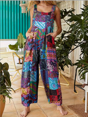 New Women's Ethnic Style Suspender Button Printing Jumpsuit