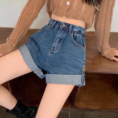 Blue Hot Girl Denim Shorts Women's Summer High Waist Slim Design Niche High Street Curled A-line Hot Pants