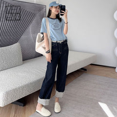 Striped Wide-leg Jeans For Women, Cuffed, High-end Design, Loose High-waist Straight