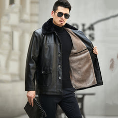 Middle-Aged And Elderly Men's PU Leather Buttoned Large Fur Colla