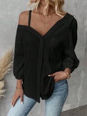 Fall Solid Color White Asymmetric Collar Dropped Shoulder Loose Casual Blouse Spring And Summer New Fashion Street Style Casual Asymmetrical Shoulder Shirt