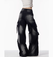 Women's Black And Gray Distressed Wide-leg Pants