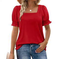 Spring And Summer New Fashion Simple U-neck Petal Sleeve Loose T-shirt
