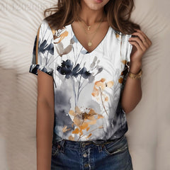 Ladies' Off Shoulder Printed V-neck Short Sleeved Shirt