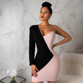 Stitching Contrast Color Asymmetric Long Sleeve Slim Fit Sexy Dress