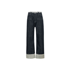 Striped Wide-leg Jeans For Women, Cuffed, High-end Design, Loose High-waist Straight