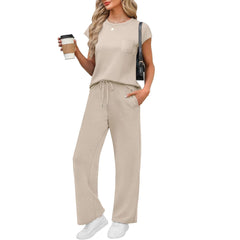 Round Neck Loose Short Sleeves Pocket Two-piece Pants Casual Suit