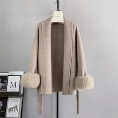 Cuff Detachable Fox Fur Elegant Double-sided Cashmere Coat