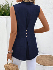 Solid Notched V-Neck Sleeveless Button Back Shirt