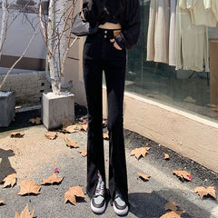 Slightly Flared Jeans, Two Buttons, Slim Design, Women's Split Black New High Waist Flared Floor-length Pants