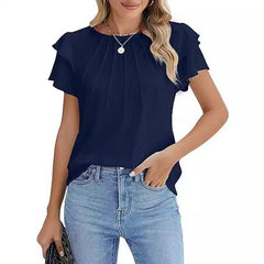 Summer Pleated Short Sleeve Round Neck Top Business Work Shirt