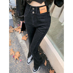 Slightly Flared Jeans, Two Buttons, Slim Design, Women's Split Black New High Waist Flared Floor-length Pants