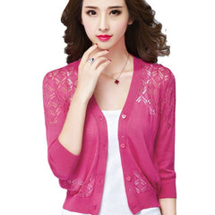 V-neck Short Outer Wear Cardigan Hollow-out Knitted Coat