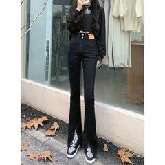 Slightly Flared Jeans, Two Buttons, Slim Design, Women's Split Black New High Waist Flared Floor-length Pants