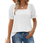 Spring And Summer New Fashion Simple U-neck Petal Sleeve Loose T-shirt