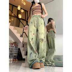 High Waist Painted Raw Edge Ripped Wide Leg Jeans For Women Loose Drape Straight Floor-length Trousers