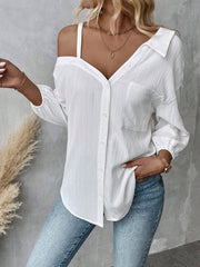 Fall Solid Color White Asymmetric Collar Dropped Shoulder Loose Casual Blouse Spring And Summer New Fashion Street Style Casual Asymmetrical Shoulder Shirt