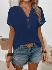 Women Summer Notched V-Neck Button Decor Casual T-Shirt