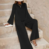 Spring And Autumn Solid Color Simple Round Neck Long Sleeve Side Pocket High Waist Wide Leg Trousers Set