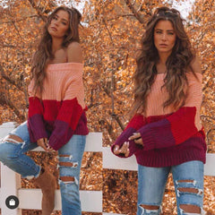 Boat Collar Off-the-shoulder Contrast Color Loose All-matching