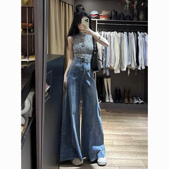 Retro Blue High Waist Loose Slim Floor-length Jeans For Women American High Street Drape Versatile Wide-leg Pants