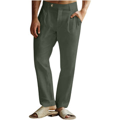 Men's Casual Cotton Linen Pants Pleated Elastic Waist Pants