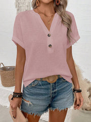 Women Summer Notched V-Neck Button Decor Casual T-Shirt