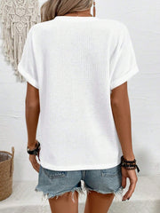 Women Summer Notched V-Neck Button Decor Casual T-Shirt