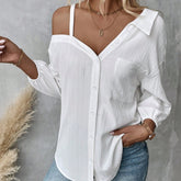Fall Solid Color White Asymmetric Collar Dropped Shoulder Loose Casual Blouse Spring And Summer New Fashion Street Style Casual Asymmetrical Shoulder Shirt