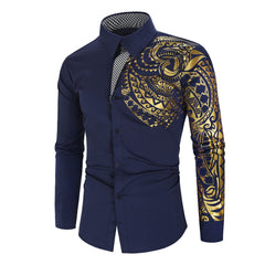 Men's Fashion Bronze Print Long Sleeve Lapel Shirt
